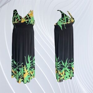 Ace Fashion XXL Black Maxi Sundress with Green & Yellow Tropical Leaf Print
